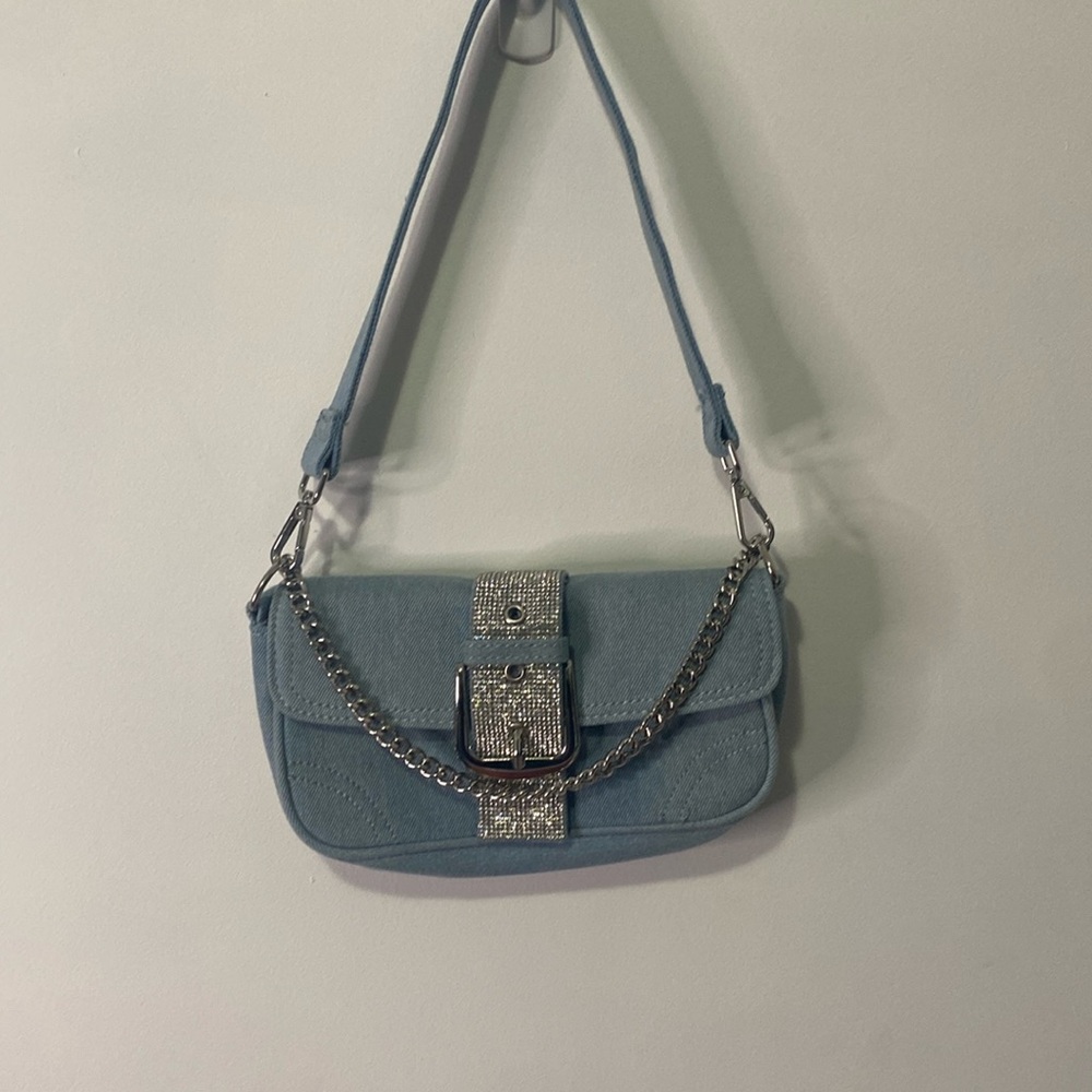 icing denim rhinestones light blue shoulder strap purse